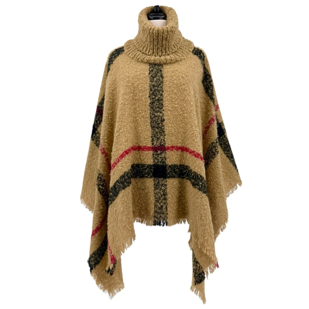 Oversized Plaid Turtleneck Poncho
